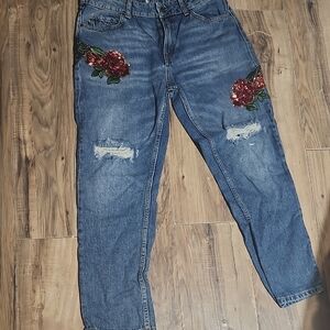 Zara Blue Jeans with Red Floral Embroidery